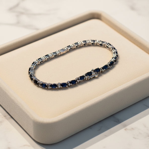 Vintage Macy's Natural Sapphire and Diamond Tennis Bracelet in 925 Sterling Silver (7 Inches)