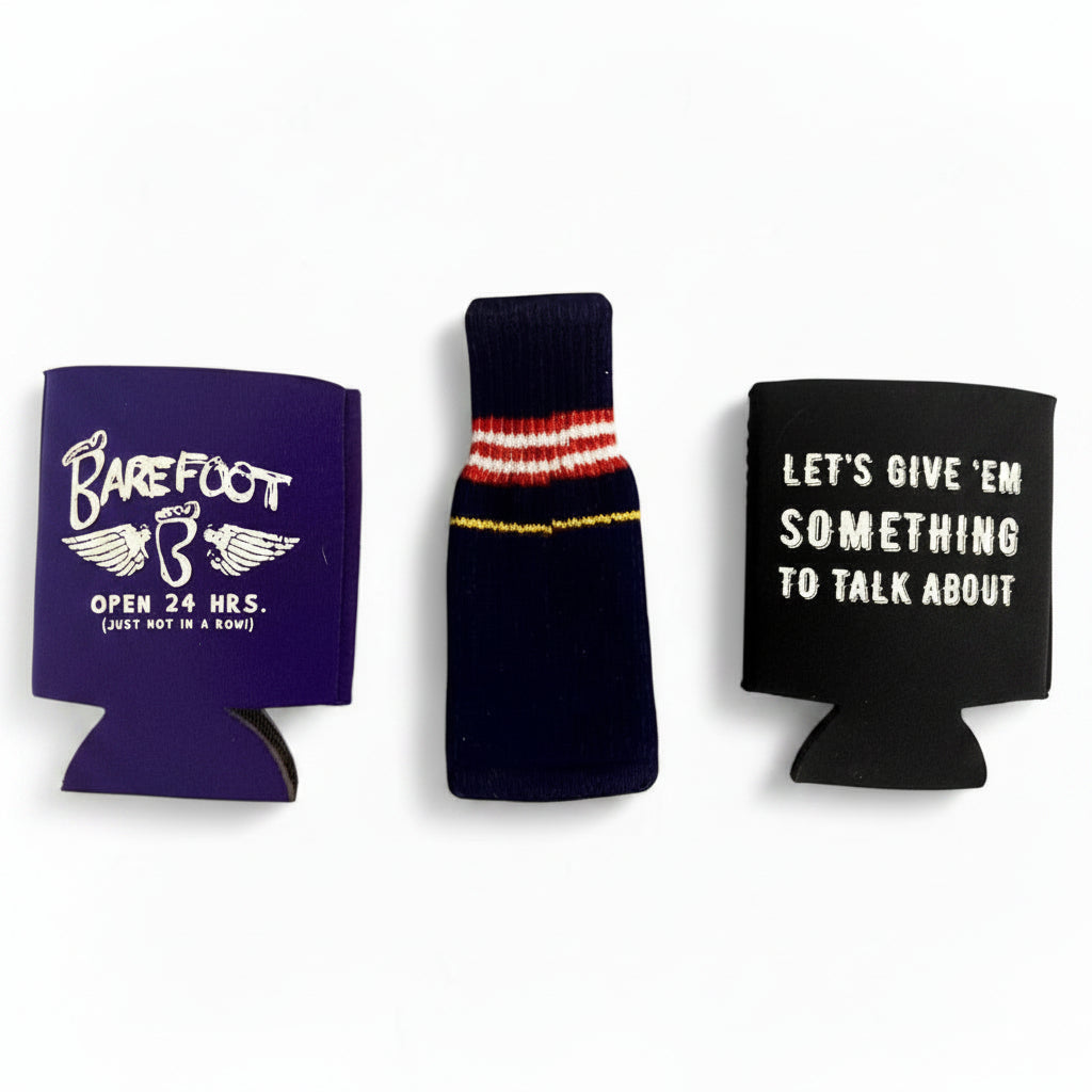 Three can coolers with different designs on a white background