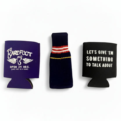 Three can coolers with different designs on a white background