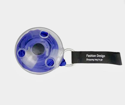 Blue and clear plastic bag with a black strap labeled 'Fashion Design Shopping Bag to Go' on a white background