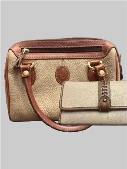 Liz Claiborne Colorblock Satchel Purse & Matching Wallet Set Tan Brown Y2K