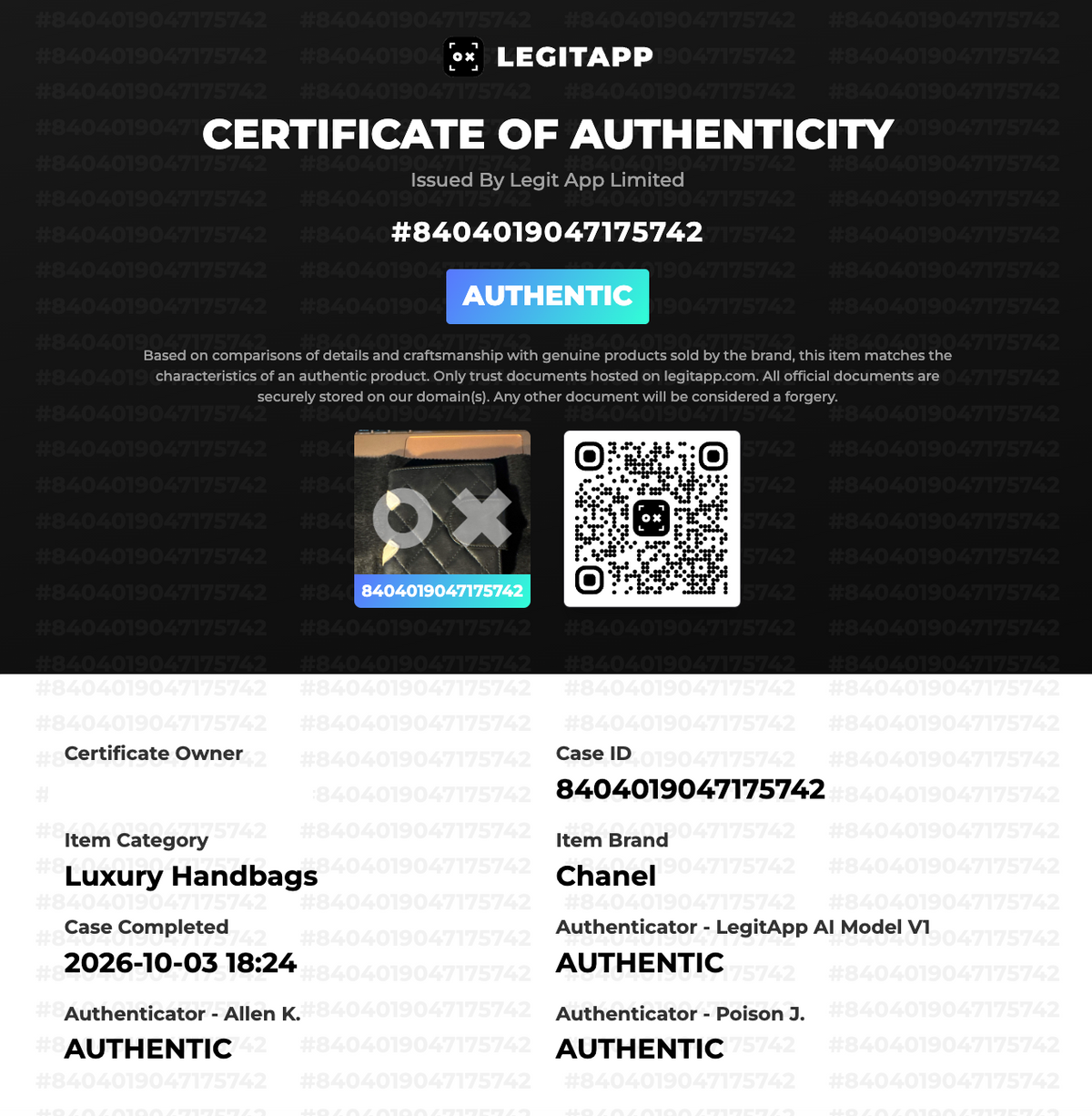 A digital certificate of authenticity for a Chanel luxury handbag, issued by Legit App App Ltd. The certificate features a black top section with white text, a blue 'AUTHENTIC' button, a small product photo with a blue authenticity label, a QR code, and a white bottom section with case details.