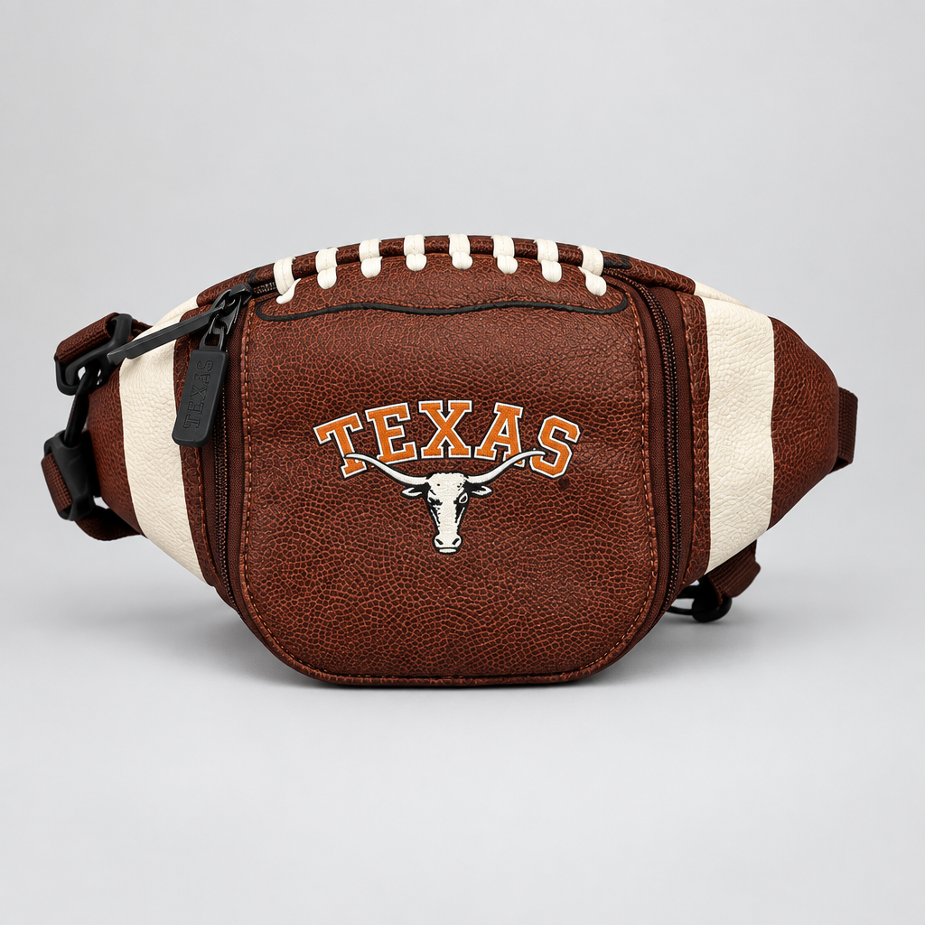 A football-themed waist bag featuring a brown faux-leather texture, cream side panels, white faux laces, and 'TEXAS' with a longhorn logo on the front.