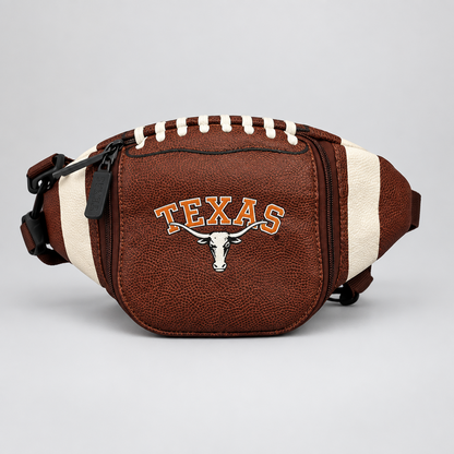 A football-themed waist bag featuring a brown faux-leather texture, cream side panels, white faux laces, and 'TEXAS' with a longhorn logo on the front.