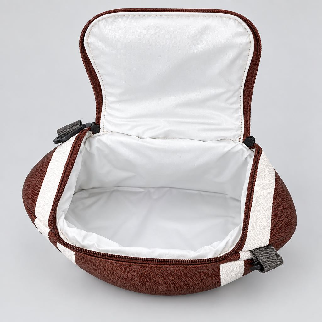 An open football-shaped zippered cooler bag with a brown textured exterior, white side stripes, and a white interior lining, shown on a light gray background.