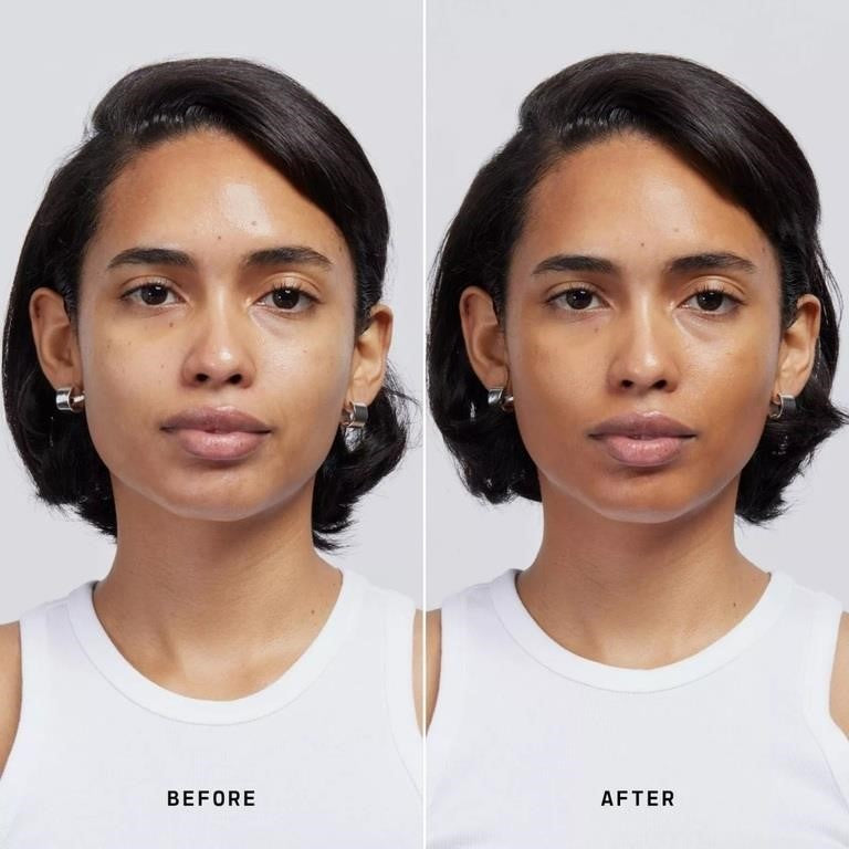 Before and after comparison of a woman with a white background