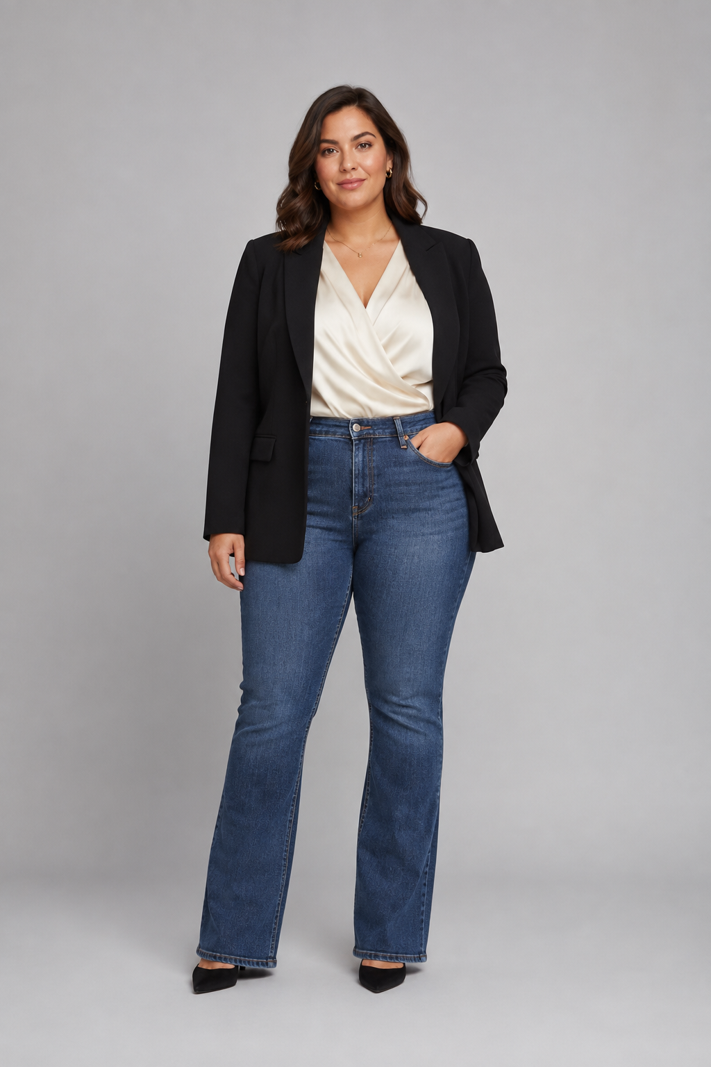 A woman modeling blue flare jeans, a black blazer, and a cream satin blouse against a solid gray studio background.