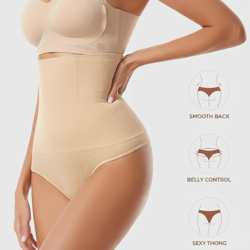 Beige shapewear being worn on a person with features highlighted on a white background