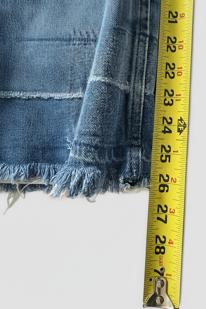 Close-up of a blue denim garment with frayed hems next to a yellow tape measure showing measurements on a light gray background.