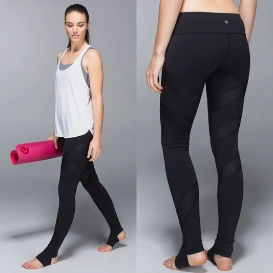 A split-view studio photo showing a woman modeling black leggings. The left side shows her full body walking while holding a pink yoga mat, and the right side shows a rear three-quarter view of the leggings on a plain light gray background.