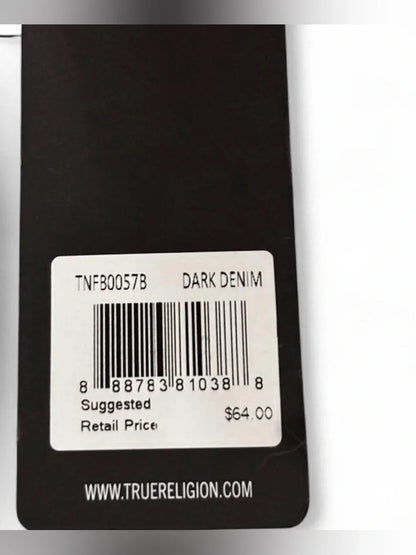 A close-up of a black retail hangtag with a white barcode label. The tag reads 'TNFB0057B DARK DENIM', shows a suggested retail price of $64.