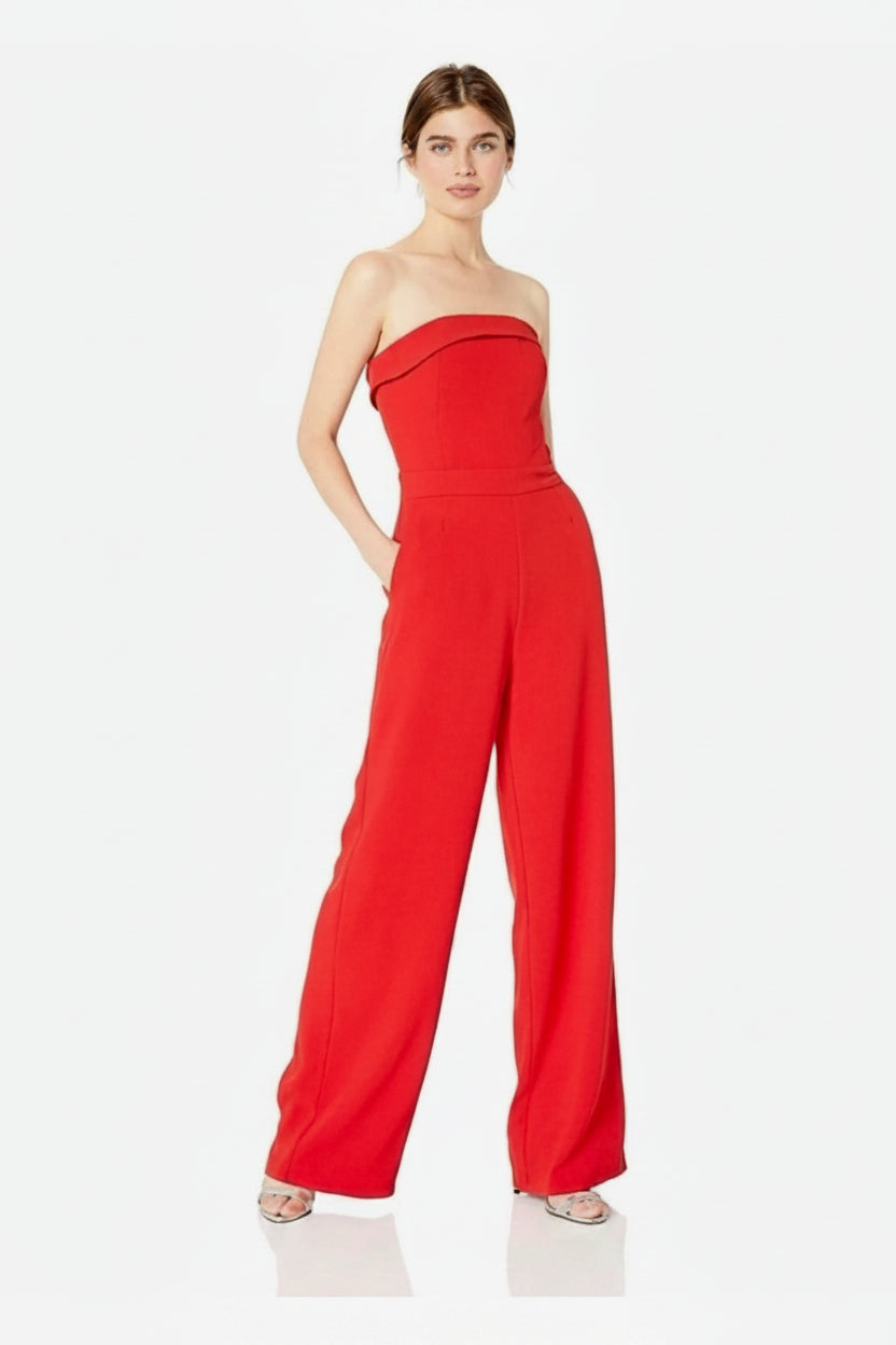 Crystal Sky Red Strapless Wide-Leg Jumpsuit — Size Small