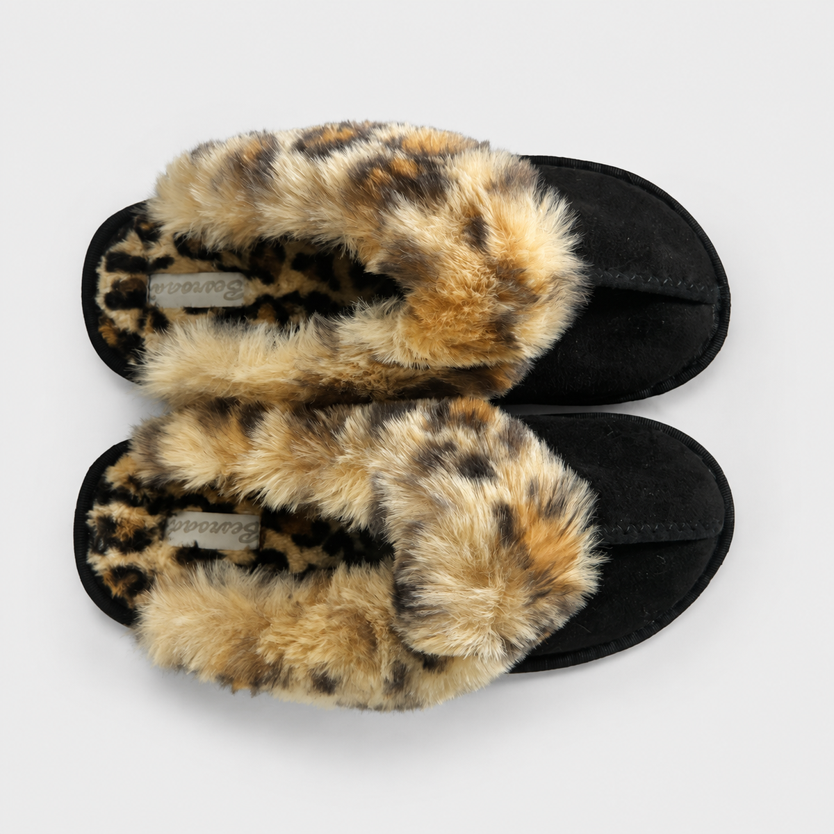 A pair of black slip-on slippers with wide, plush leopard-print faux fur straps, shown from a top-down view on a light gray background.