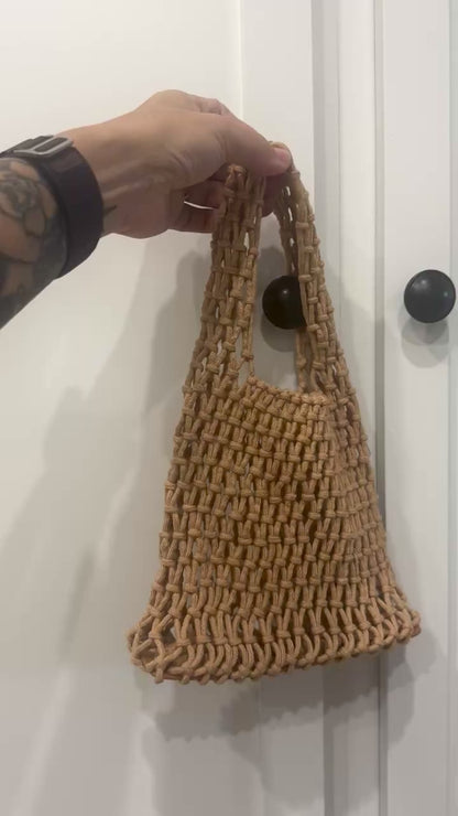 NWOT Small Brown Macrame Cotton Rope Woven Handbag Open Knit Boho Beach Tote Bag