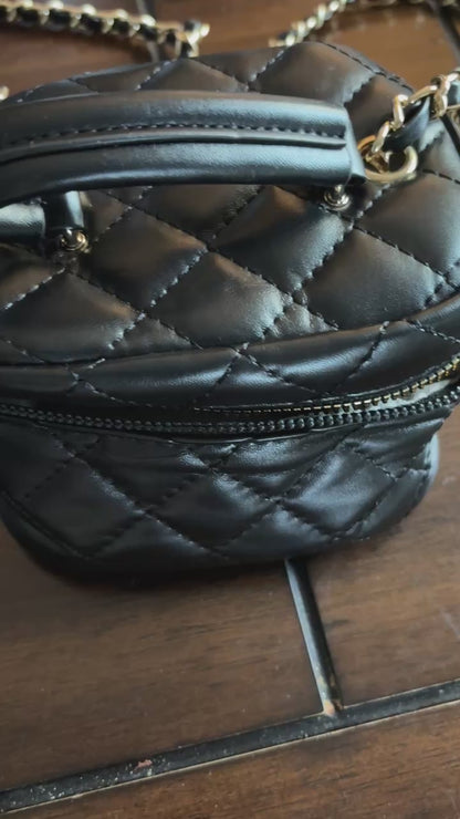 Black Quilted Mini Vanity Purse - Crossbody Bag Faux Leather Gold Chain