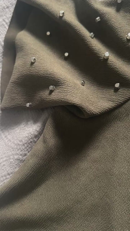Alberto Makali Women's Olive Green Faux Suede Studded Flutter Sleeve Top – Size Large