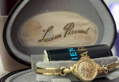 Vintage Lucien Piccard Ladies Cocktail Watch Solid 14K Gold Case Working w/ Heart Box